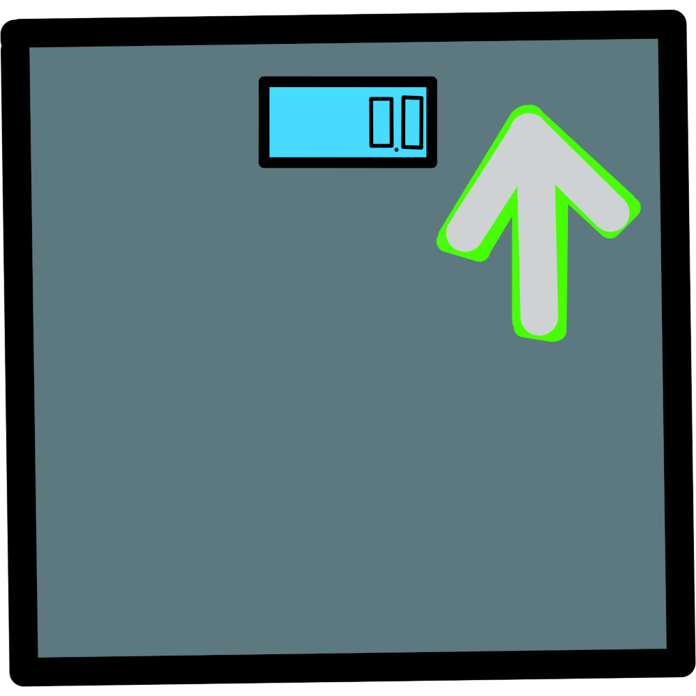 A drawing of a scale. The scale is a dark grey and has a small blue screen with the numbers 0.0 on it. Next to the screen in the top right is a light grey arrow pointing upwards. The arrow is outlined in bright green.